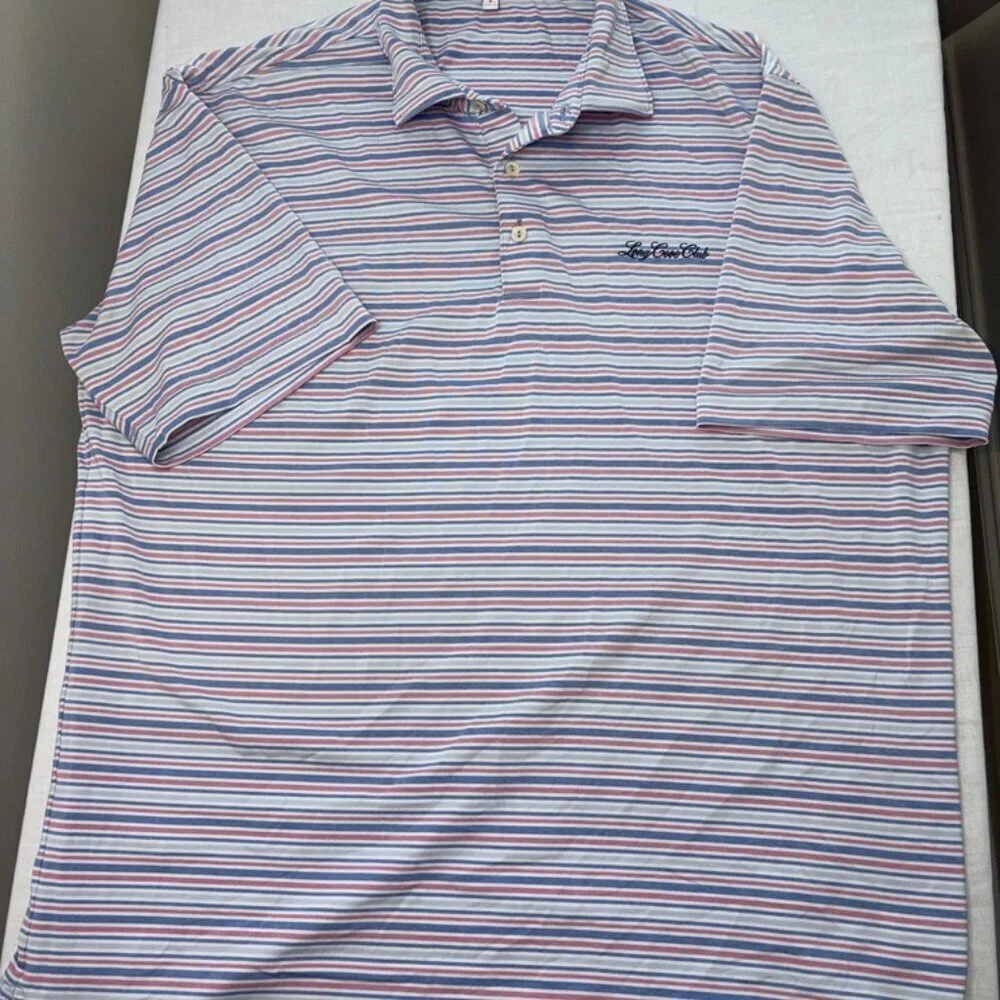 Peter Millar Summer Comfort Blue and Pink Stripe Short Sleeve Polo size Large